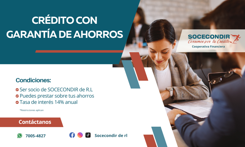 Si eres socio de SOCECONDIR y tienes suficientes ahorros, tienes a tu alcance, la oportunidad de prestar sobre tus ahorros.
Puedes solicitar hasta el 90% de tus ahorros. Con una tasa de interés Especial para ti, del 14% anual Debes recordar que mientras tengas tu crédito no podrás hacer retiro de ahorros, pues son la garantía de tu crédito 